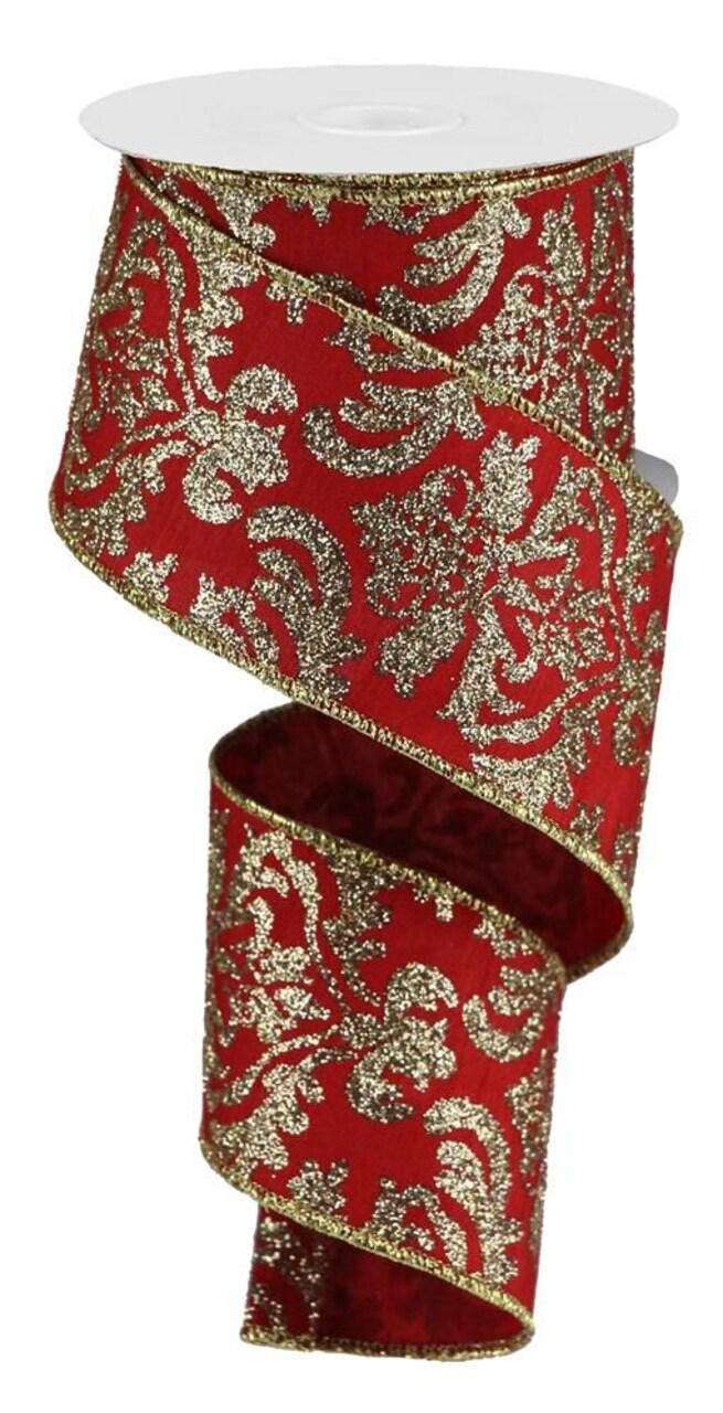 RG Ribbon Glitter Damask, Wired Faux Dupioni, 2.5" x 10 Yards - Navy Blue - Ivory - Gold - Red